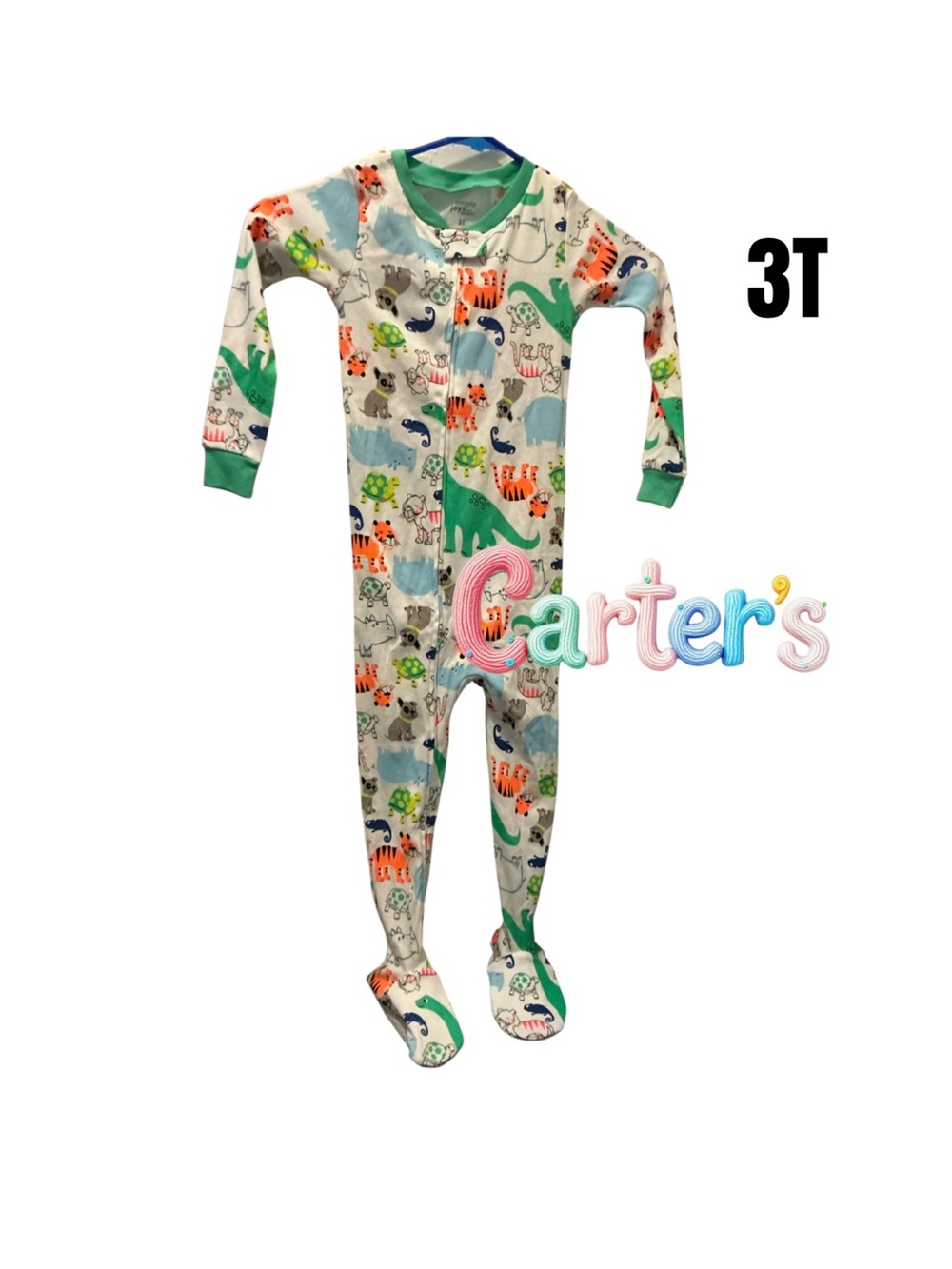 Carter's White Dino Print Footed One-Piece Pajamas with Green Trim - 3T